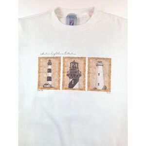 Vintage 1999 Logo 7 Lighthouse Mens L White Crewneck Sweatshirt Coastal Nautical